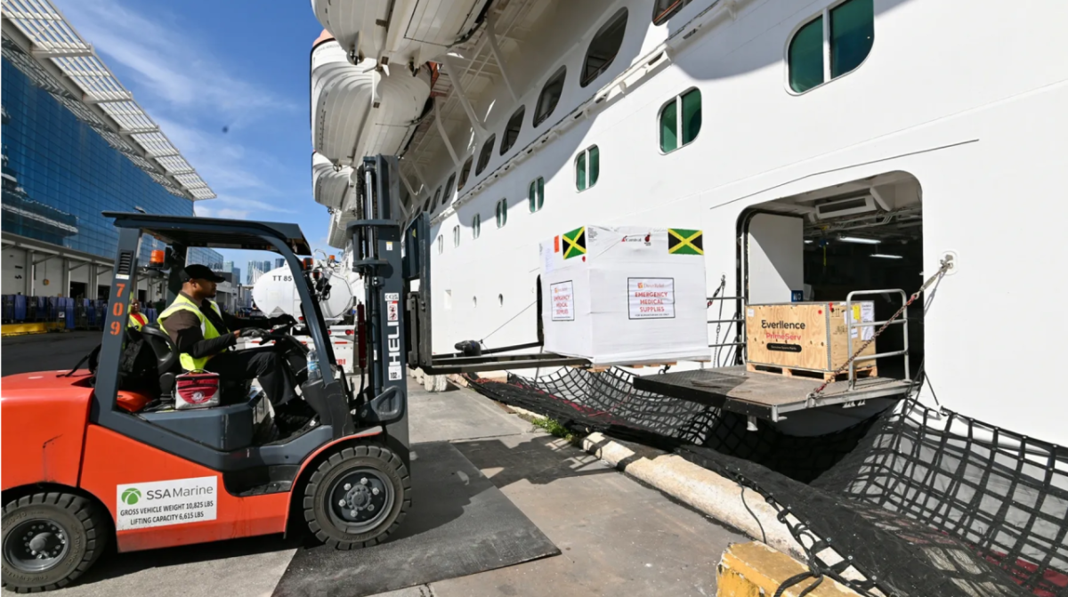 Emergency medical support is loaded onto a Carnival Cruise ship on Dec. 14, 2025, for delivery to Miami. (Brea Burkholz/Direct Relief)