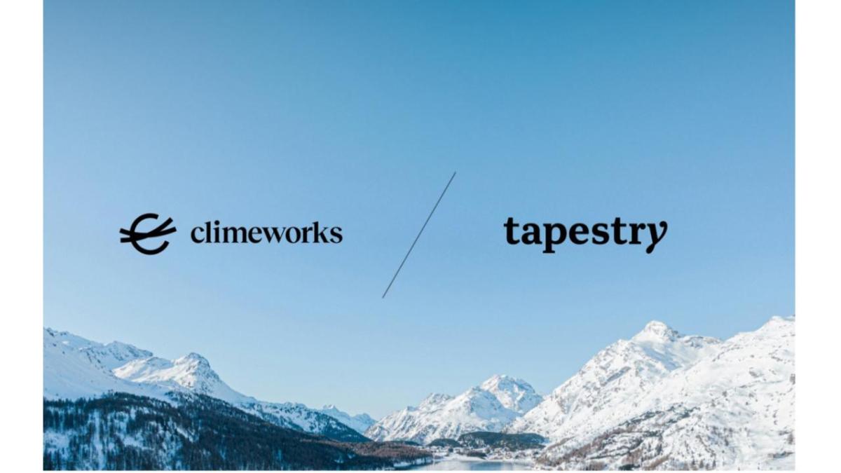 logos for Climeworks and Tapestry on background of mountain landscape