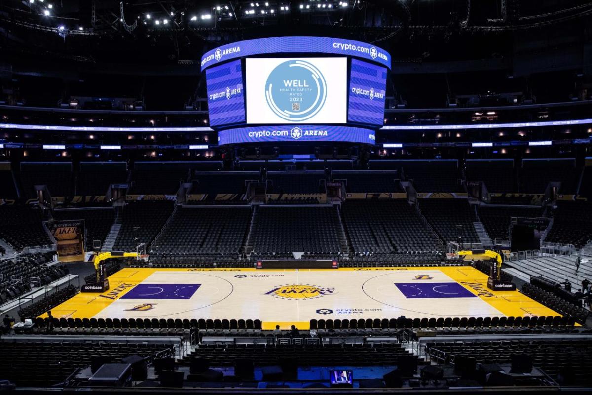 Looking at Crypto.com Arena court with Well Health-Safety rating logo on screen