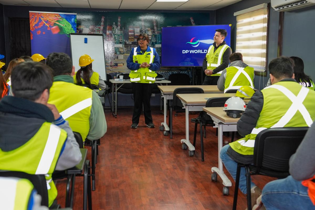 Students attend a workplace educational session at the DP World port terminal in San Antonio, Chile.
