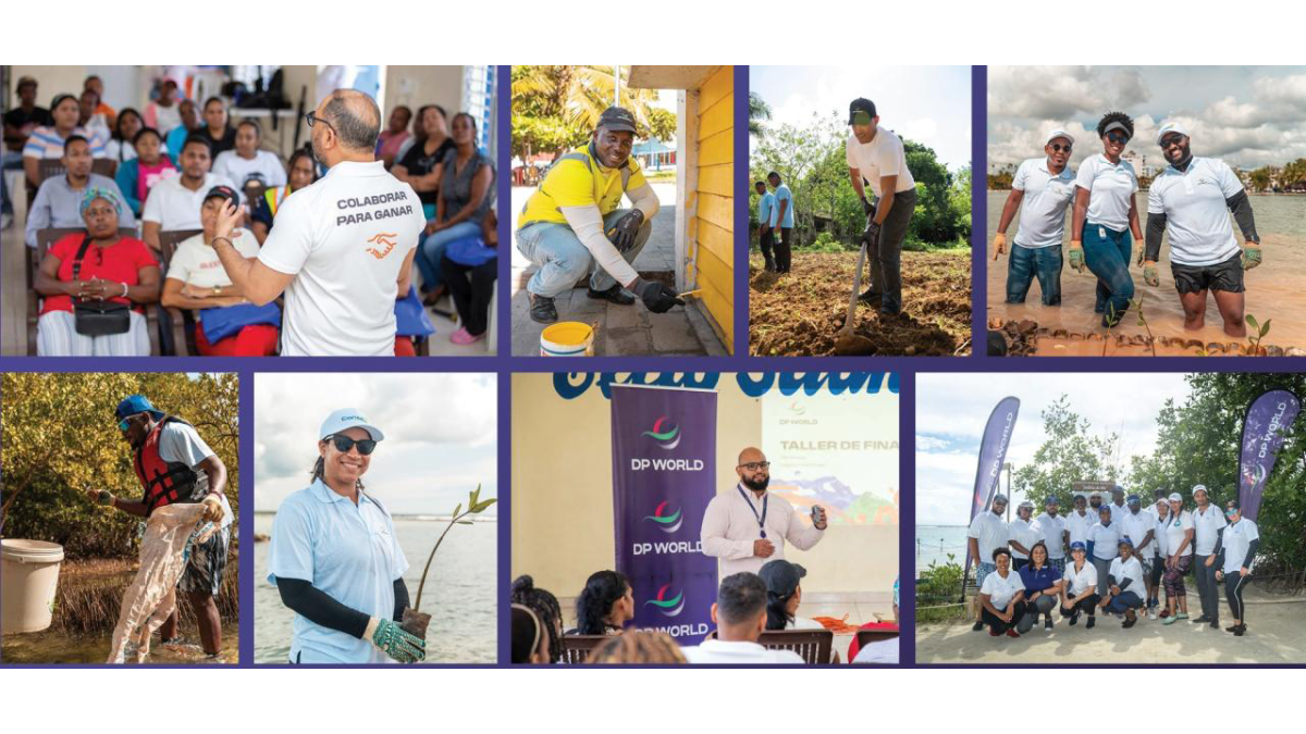 Collage showing DP World volunteers participating in community workshops, painting small businesses, planting trees, and taking part in coastal environmental activities.