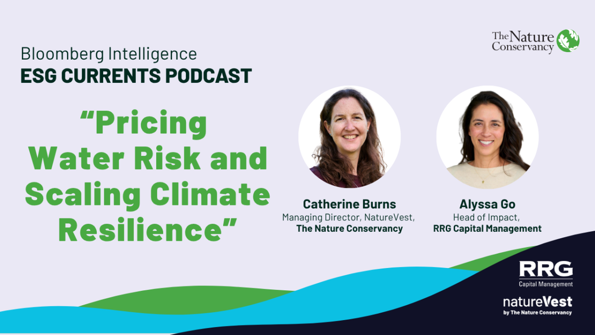 Graphic promoting ESG Currents podcast episode featuring Cat Burns from NatureVest and Alyssa Go from RRG Capital Management