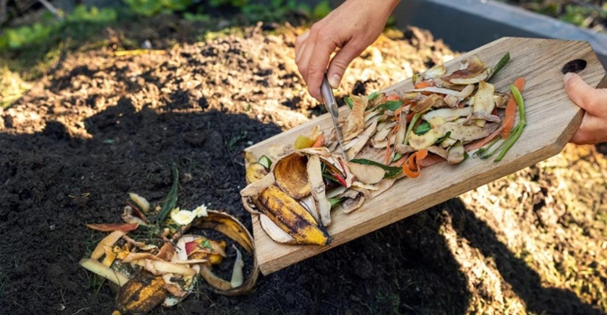Someone scraping food waste off a cutting board into a compost pile