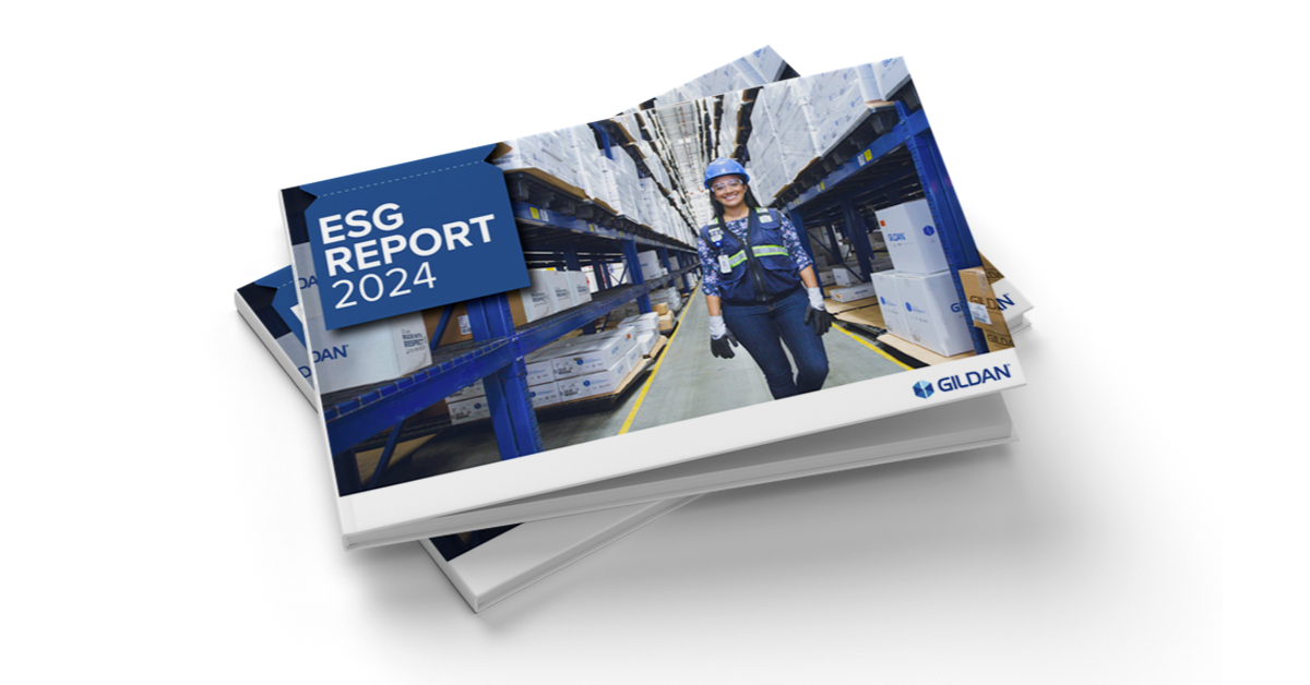 Gildan's 2024 ESG Report featured against a white backdrop