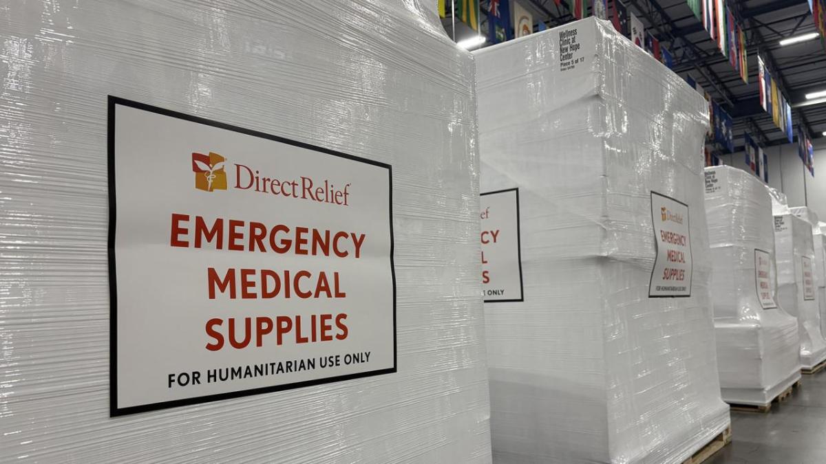 Medical aid, including protective gear for health workers, is staged at Direct Relief's warehouse on May 21, 2026. The shipment is bound for the Democratic Republic of Congo, where an outbreak of a rare strain of Ebola has prompted a public health response. (Tori Gordon/Direct Relief)