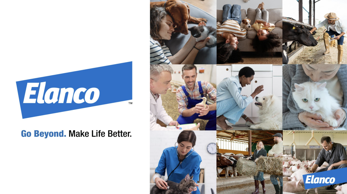 Elanco logo next to collage of animals