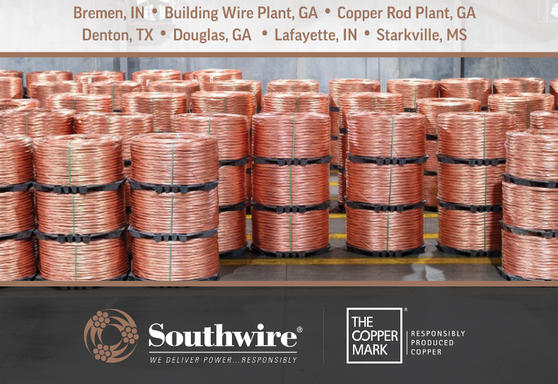 Photo of copper rod spools and list of Southwire sites that have been awarded The Copper Mark