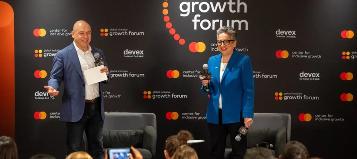 Shamina Singh, right, the founder and president of the Mastercard Center for Inclusive Growth, opens the 2026 Global Inclusive Growth Forum with Raj Kumar, the president and editor in chief of Devex. (Photo credit: Kevin Allen). 
