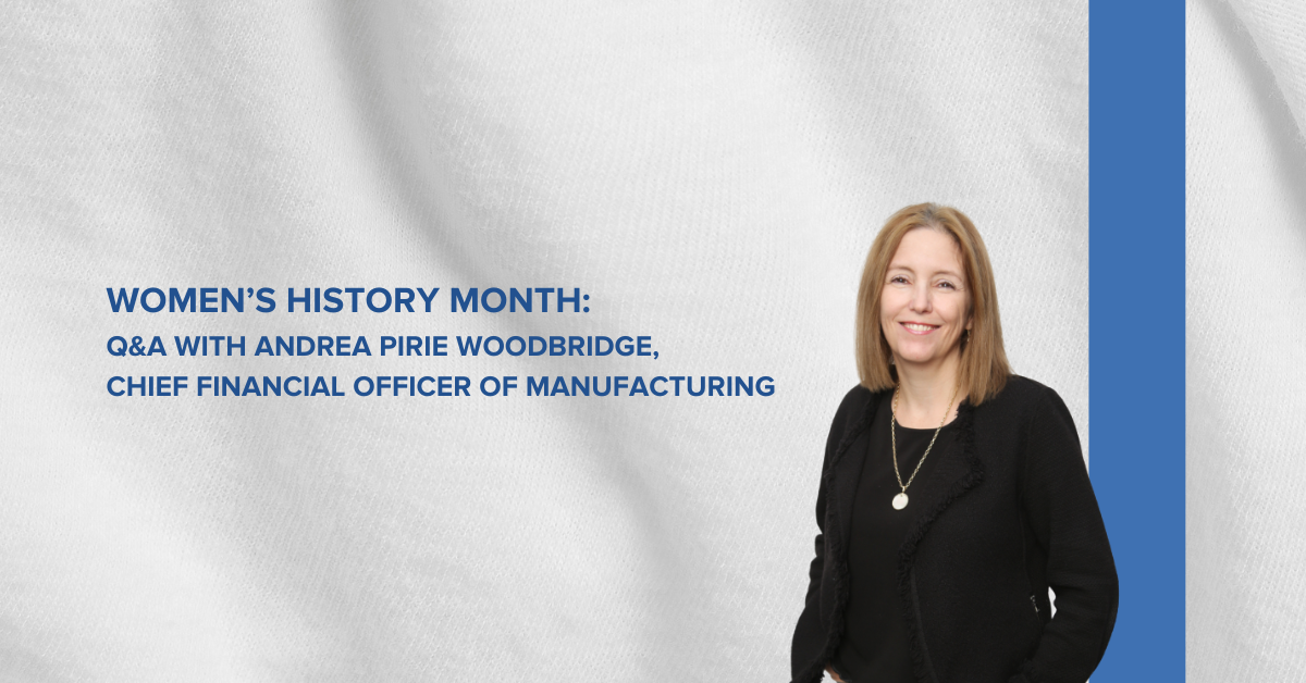 White fabric background with a blue strip, featuring Andrea Pirie Woodbridge and the article title