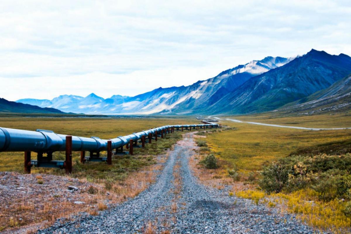 Landscape of pipeline running through mountain range