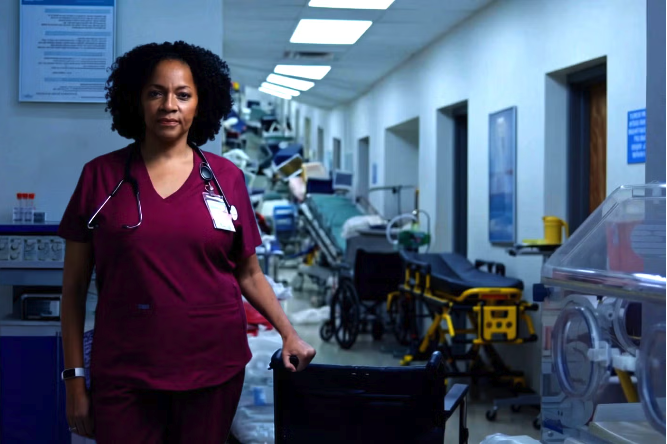 Nurse stands in hallway filled with hospital beds