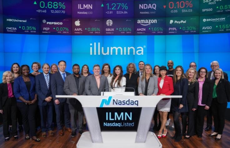 Illumina team shown at the bell ringing at Nasdaq.