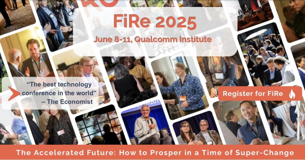 Collage of speakers, panel discussions, and networking moments from the Future in Review (FiRe) Conference, with an overlay promoting FiRe 2025 held June 8–11 at the Qualcomm Institute.