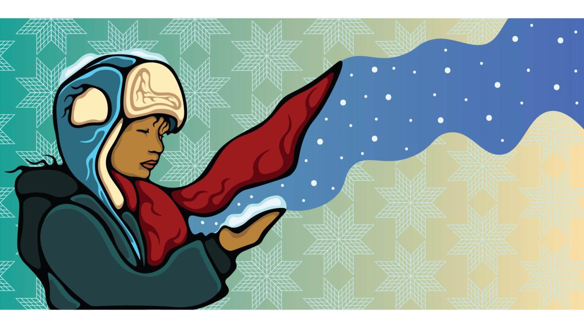 illustration of woman wearing a scarf in the snow