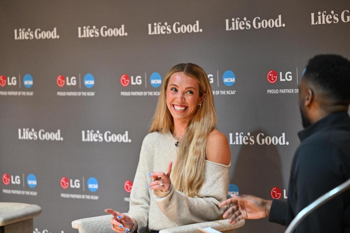WNBA player Lexie Hull answers questions about maintaining good mental health during a discussion hosted by LG Electronics and the National Alliance on Mental Illness (NAMI) on Friday, April 3, 2026, in Indianapolis, Indiana.