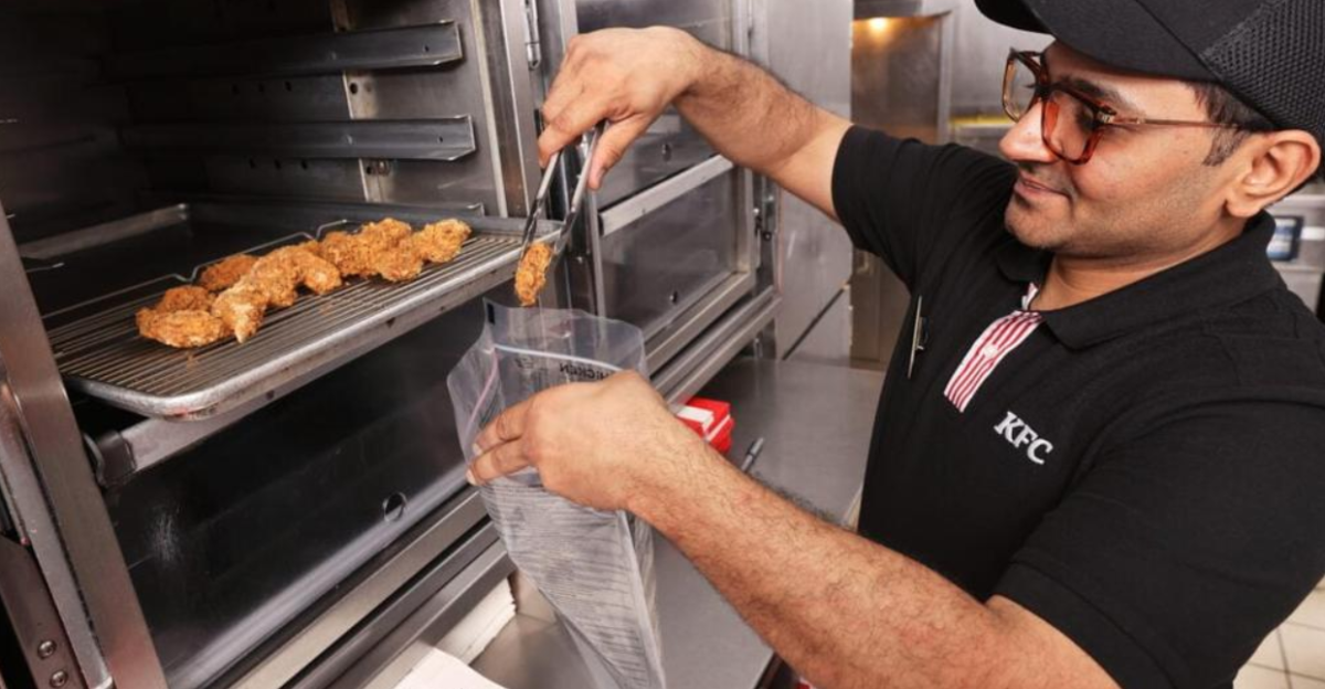KFC employee bagging chicken