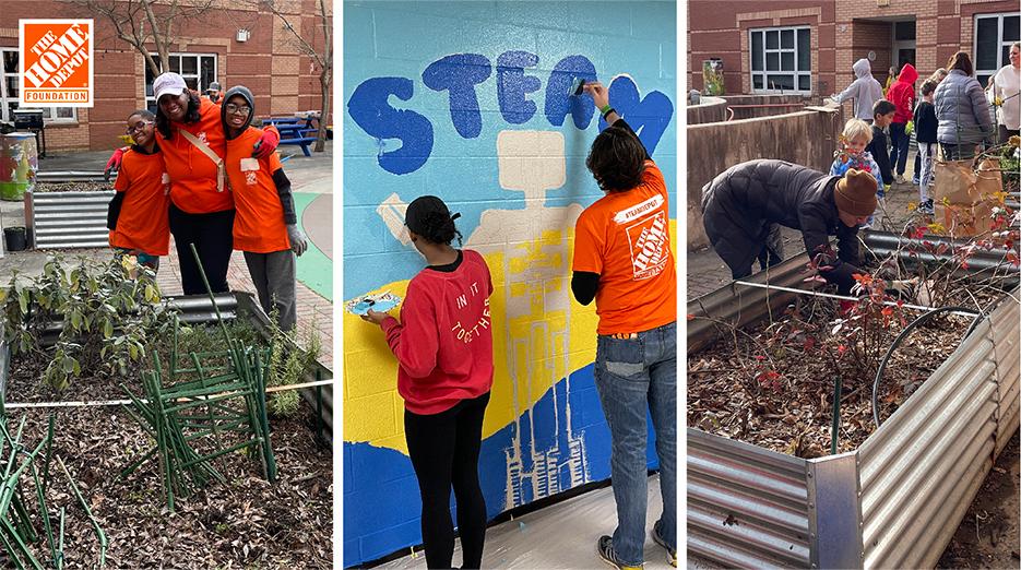 The Home Depot volunteers shown doing repairs to a home, painting and gardening.