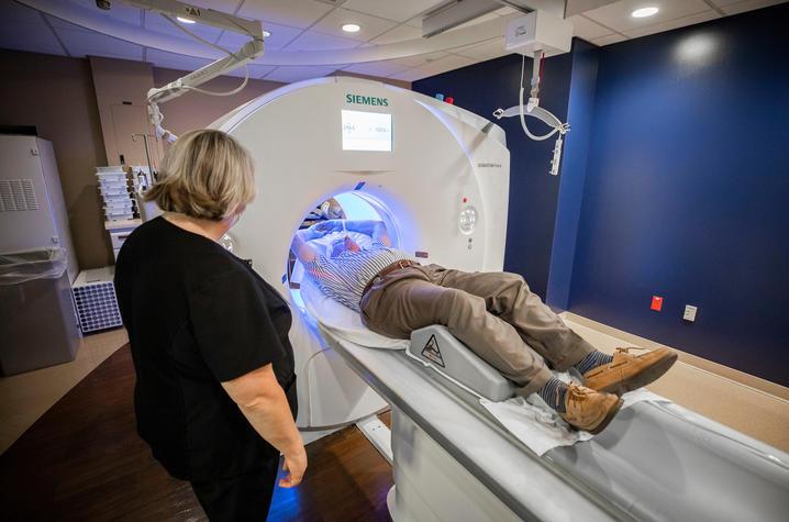 A patient being screened in an MRI.