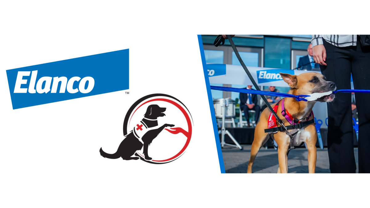 Elanco and Mutts With a Mission logos beside a picture of a service dog