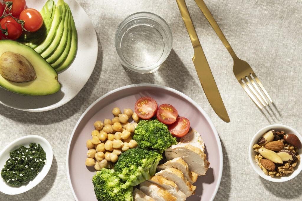 A nutritious meal is shown on a table top.