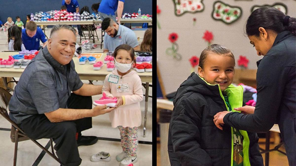 Children receiving shoes and coats