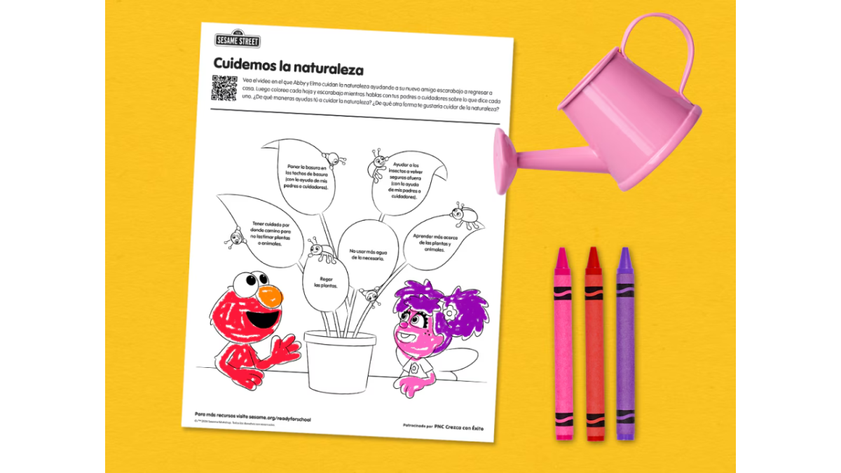 Sesame Street coloring page with text in Spanish