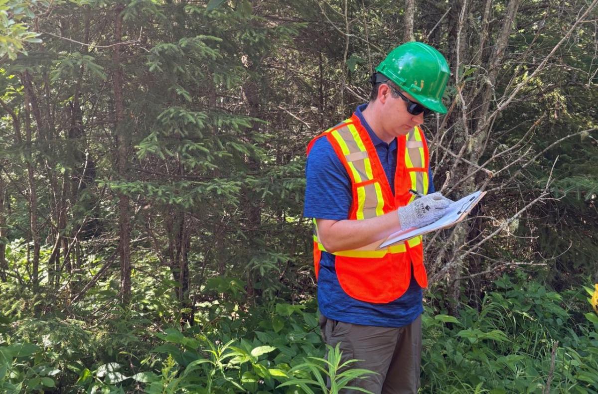Chris Reeves standing in a forest reviewing papers.
