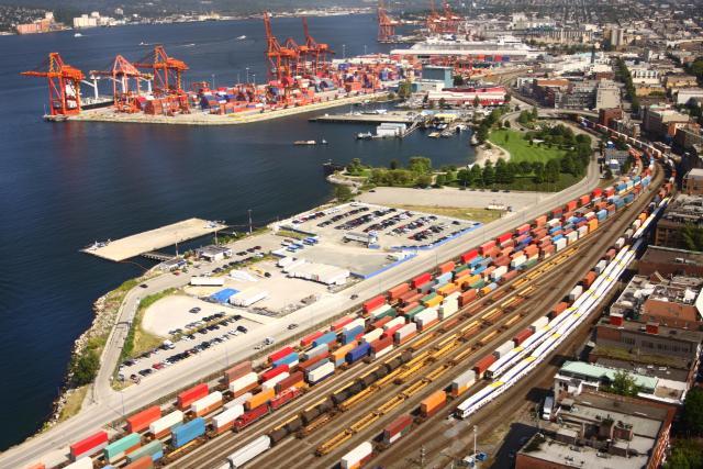 Aerial view of port and container yard