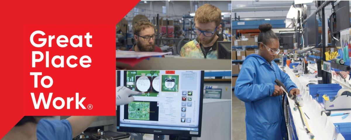Great Place to Work logo with collage of images or workers at Raven Industries