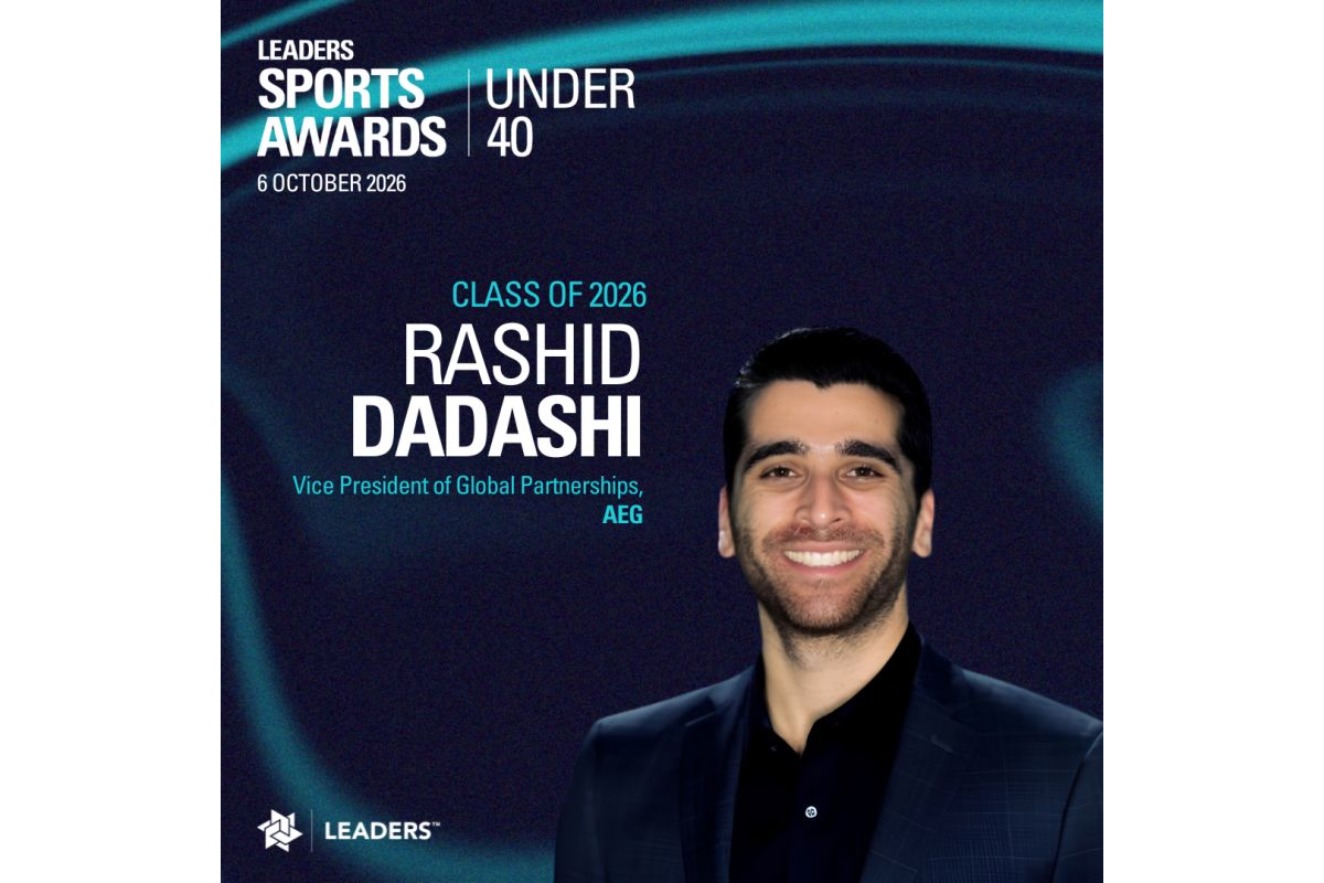 Graphic announcing Rashid Dadashi, Vice President of Global Partnerships at AEG, as a member of the Leaders Sports Awards Under 40 Class of 2026. Features a professional headshot against a dark blue background with award branding.