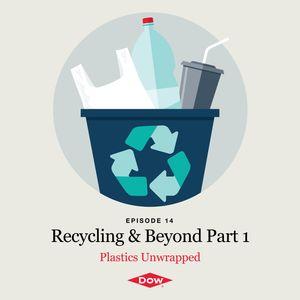 Illustration of a recycling bin with the text "episode 14 Recycling and Beyond Part 1"