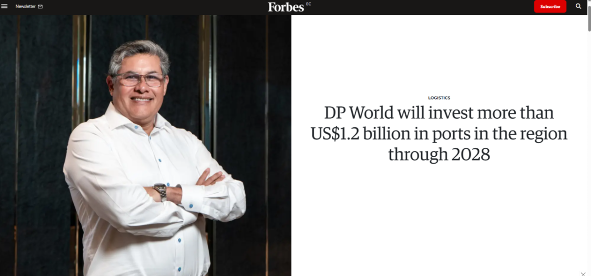 Screenshot of a Forbes Ecuador article header showing DP World executive Carlos Merino standing with arms crossed beside the headline announcing more than US$1.2 billion in planned port investments through 2028.