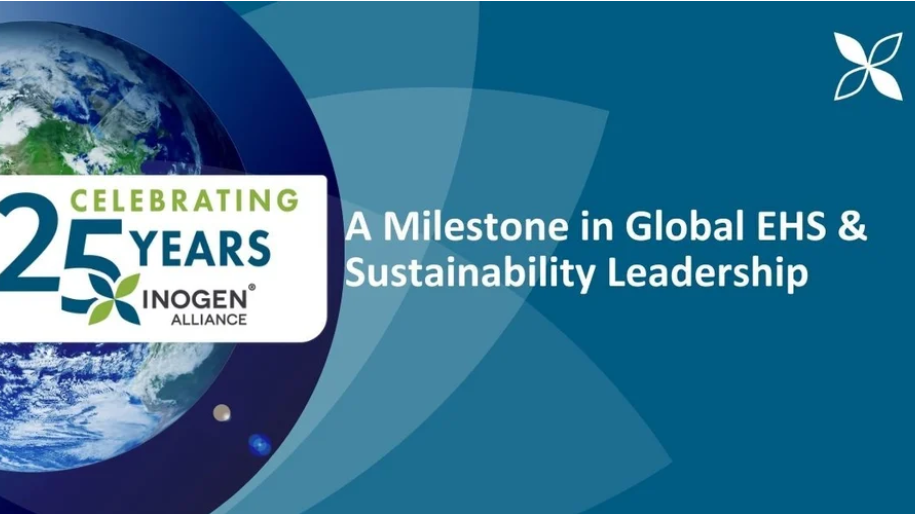 Banner with text "Celebrating 25 Years of Inogen Alliance: A Milestone in Global EHS & Sustainability Leadership" and photo of the earth