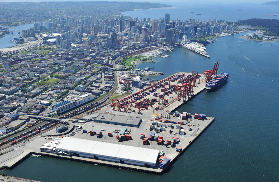 Aerial view of DP World's container terminal at the Port of Vancouver