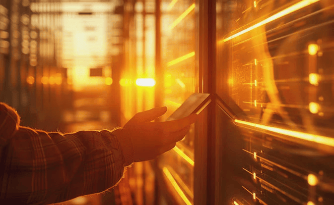 Hand holding a smartphone in a server room.