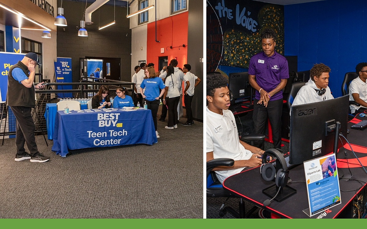 Collage of two photos of students using the Best Buy Teen Tech Center