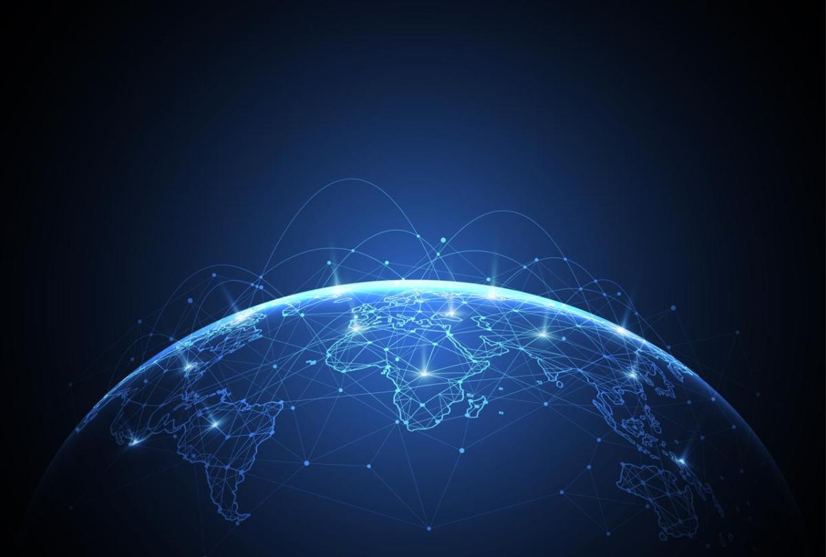 Abstract half of globe on horizon. Blue dots and lines connecting cities.