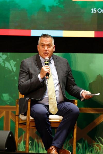 Dan Lambe, CEO of the Arbor Day Foundation, speaks on stage during the First International Green Cities Conference at FAO's headquarters in Rome, Italy. 