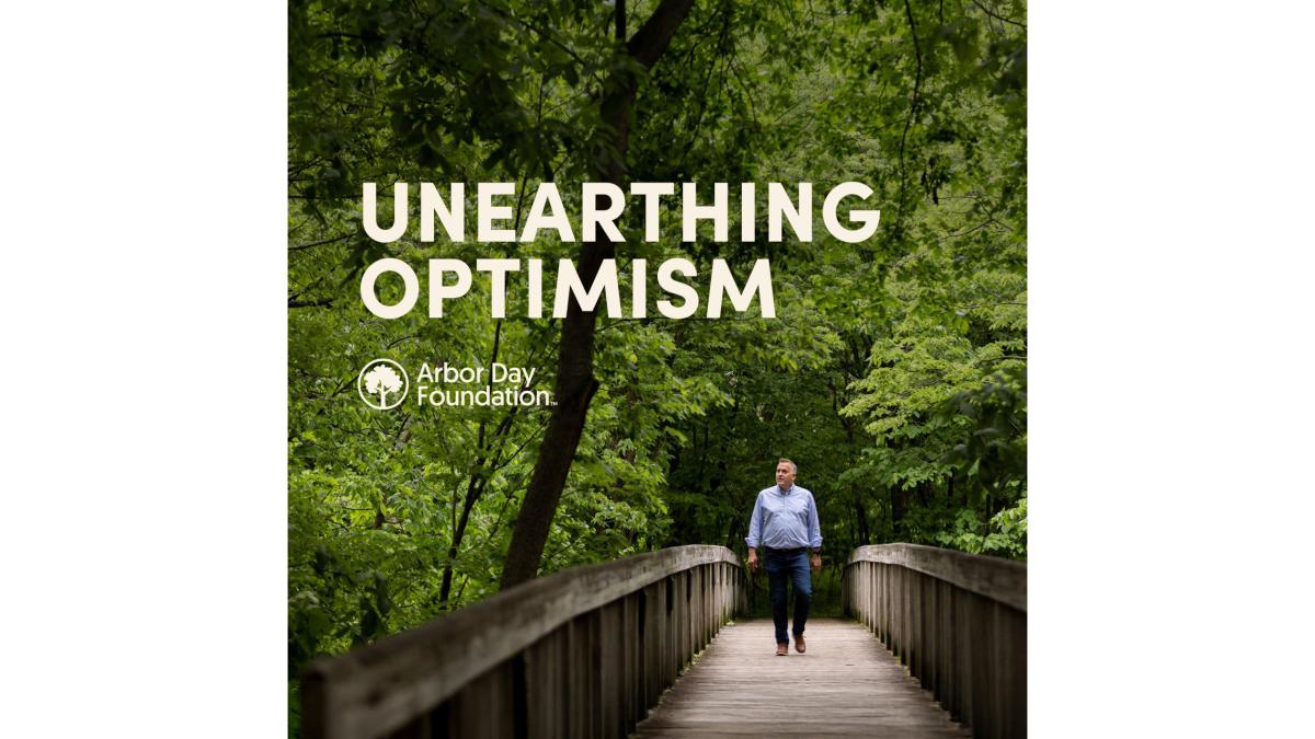 CEO of Arbor Day Foundation walks across a bridge, surrounded by trees in Unearthing Optimism podcast cover.