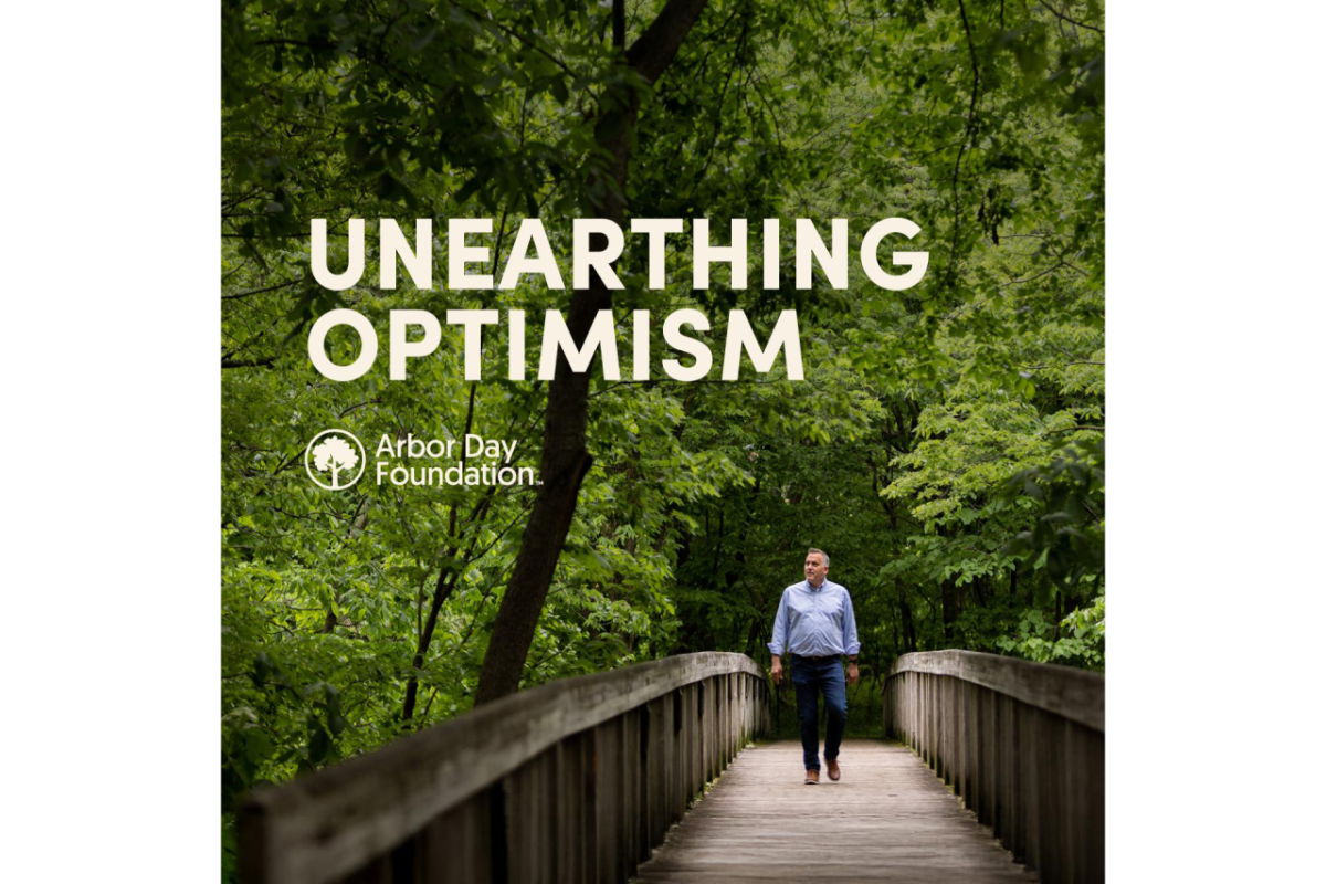 Arbor Day Foundation CEO Dan Lambe walks across a bridge, surrounded by trees in the Unearthing Optimism Podcast artwork. 