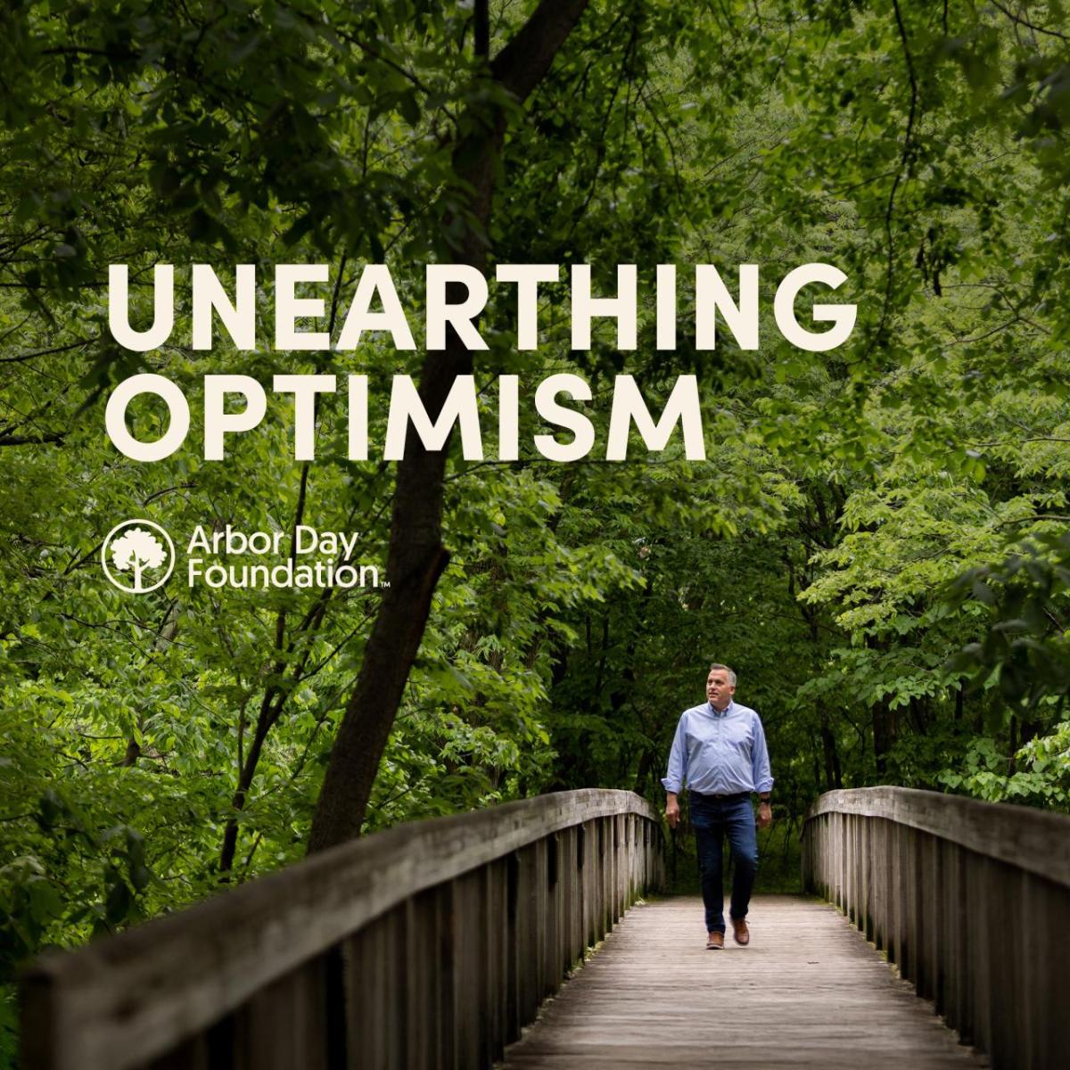 Unearthing Optimism podcast cover shows CEO Dan Lambe looking up while walking down a bridge in the middle of a forest.