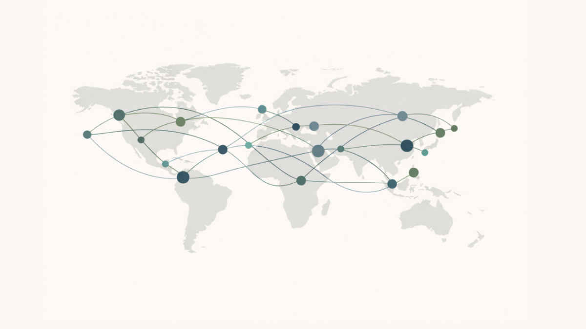 Abstract illustration of global ESG data networks connecting continents, representing sustainability intelligence and data aggregation.