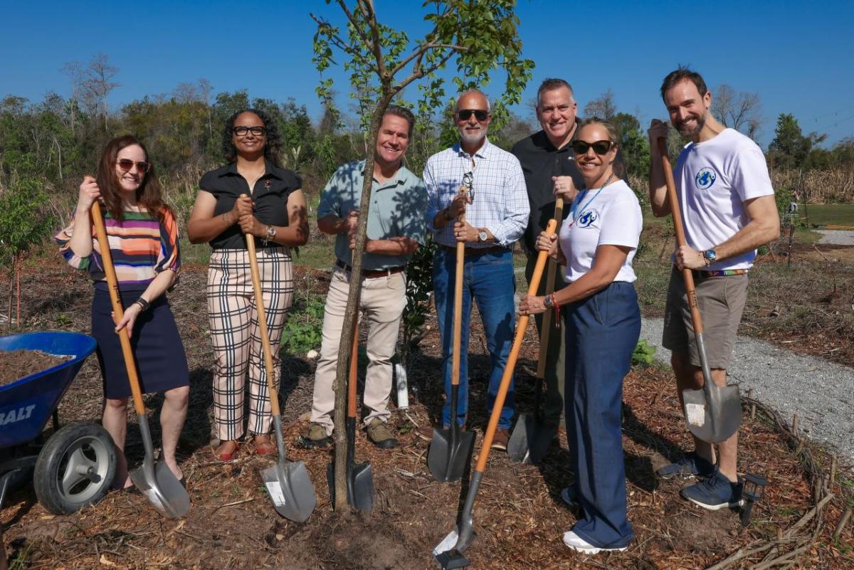 Seven people, including CEO of the Arbor Day Foundation, stand with shovels around newly planted tree. 