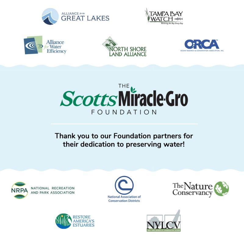 Scotts Miracle-Gro Foundation's logo surrounded by the logos of their partners in preserving water