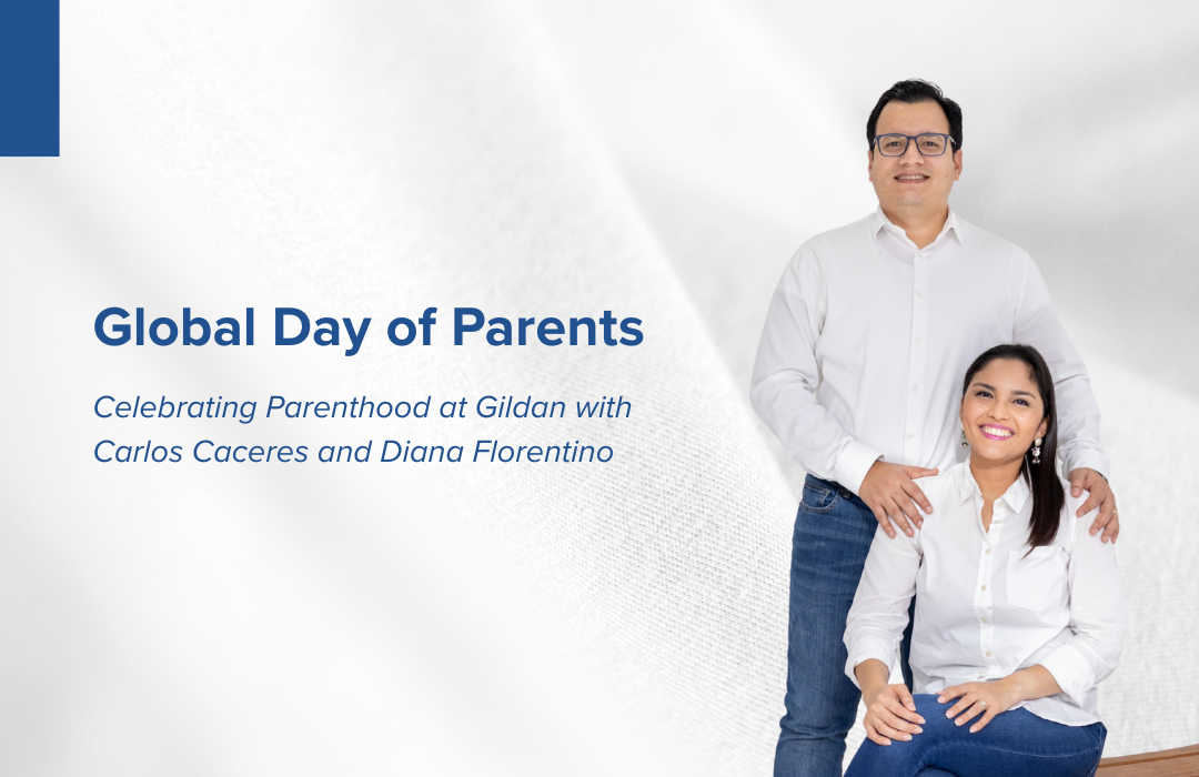 Two parents at Gildan featured against a white fabric backdrop.