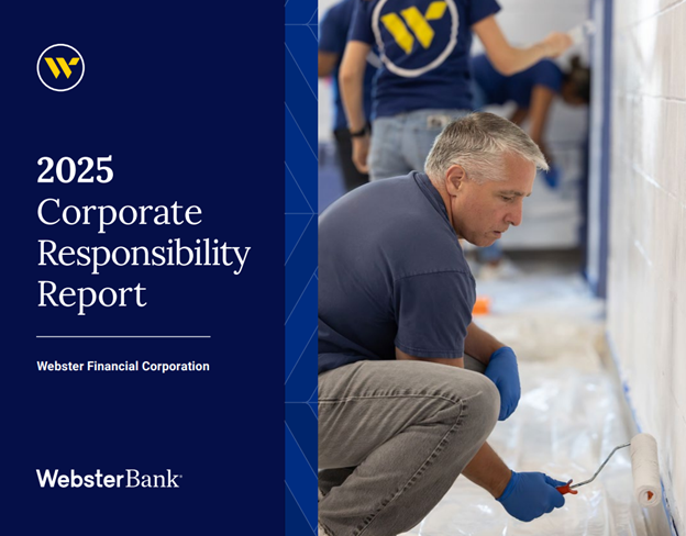 Cover of Webster 2025 Corporate Responsibility Report featuring a colleague painting a wall with a paint roller.