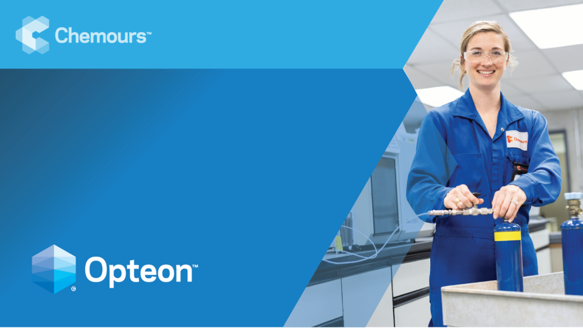 Opteon and Chemours logos with image of person working in a lab