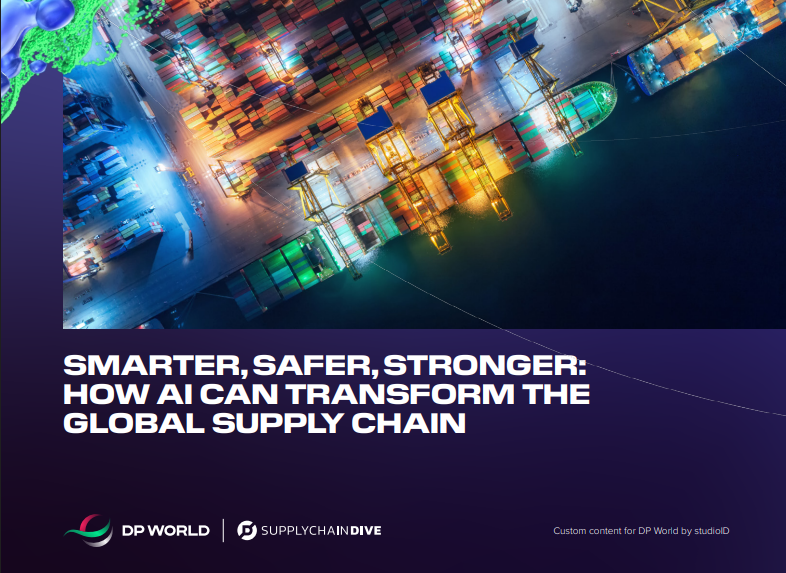 warehouse with text: "Smarter, Safer, Stronger: How AI Can Transform the Global Supply Chain"