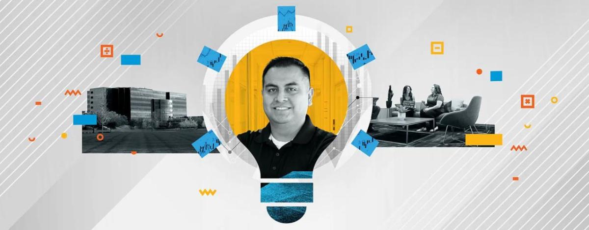 Derly Apaza profile surrounded with abstract images of a lightbulb, charts, an office building.