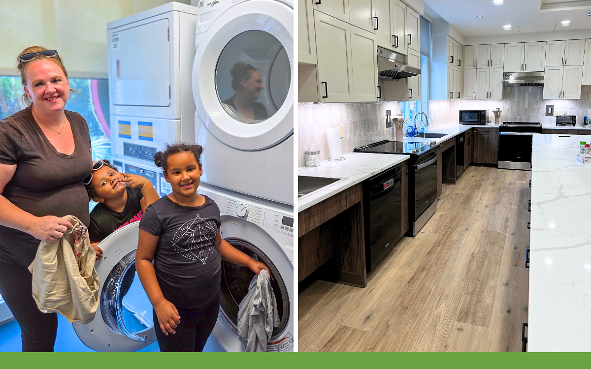 Collage of people using a washing machine, and a kitchen